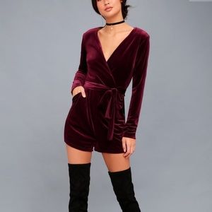 Burgundy velvet long sleeve romper